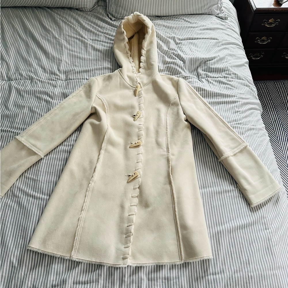COLDWATER CREEK Whipstitch Faux Suede Hooded Coat - Cream/Beige - Size PM